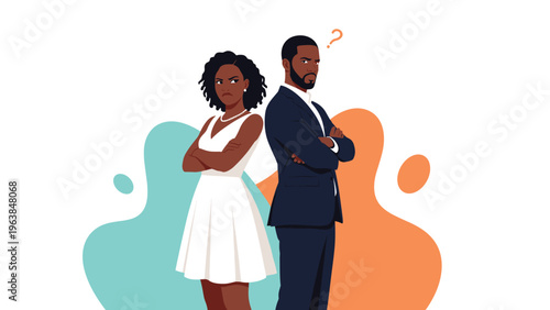 Angry man and woman in formal attire standing back to back with crossed arms after a serious relationship argument.