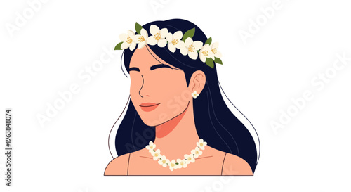 Portrait of Woman with Dark Hair Wearing White Tropical Flower Crown and Matching Necklace Against White Background teacher learning animation write