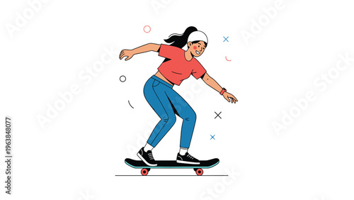 Energetic young woman enjoys an active lifestyle while riding a skateboard with skill against a background of colorful geometric shapes.