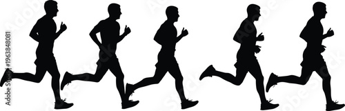 Running man silhouette sequence, athlete sprint motion stages, fitness training concept, dynamic sport movement, active lifestyle, black isolated figure illustration