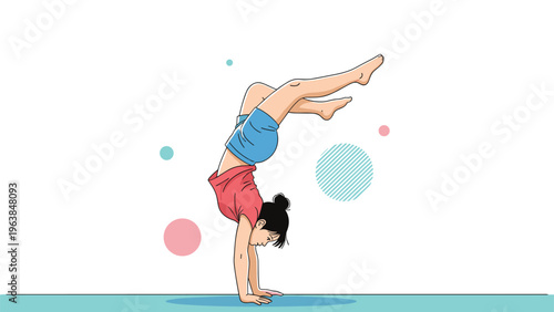 Athletic young woman performing a handstand yoga pose or gymnastic exercise against a minimalist background.