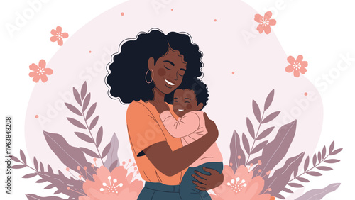 Loving Black mother smiling while embracing her happy young child against a soft pink background decorated with floral elements.