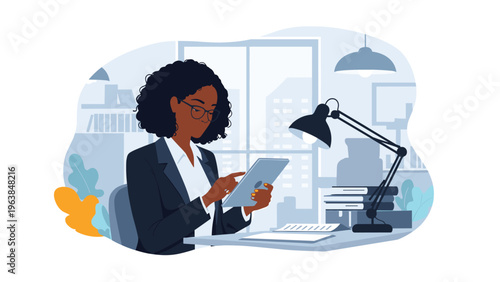 Focused Black businesswoman working on a digital tablet at her desk late at night with a lamp and city skyline in the window.