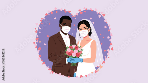 Diverse wedding couple wearing protective face masks and gloves holding a flower bouquet inside a large purple heart frame.
