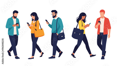 Group of diverse people walking while staring at their smartphone screens depicting the concept of mobile device addiction.