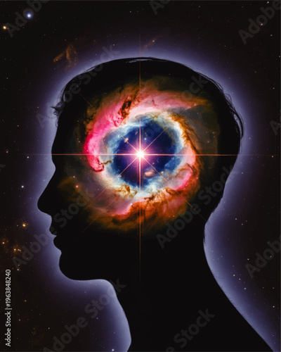 Cosmic mind silhouette with vibrant nebula explosion inside human head, surreal galaxy consciousness, spiritual universe energy art
