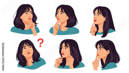 Series of six portraits showing a young woman in various thoughtful and pensive facial expressions with a red question mark icon.