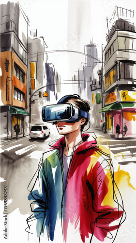 Futuristic young person with VR headset in colorful urban street, watercolor cyberpunk city illustration of immersive virtual reality
