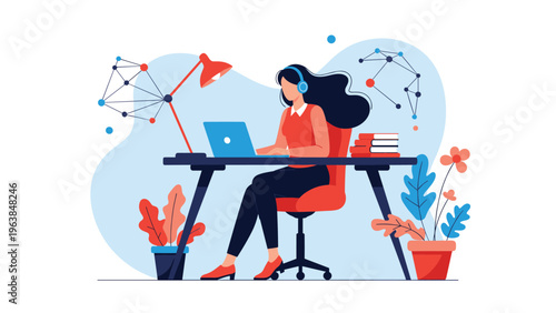 Productive woman wearing headphones working on her laptop at a home office desk surrounded by books and colorful house plants.