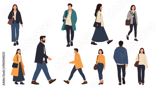 Diverse group of people in casual fashion walking in different directions carrying backpacks and shoulder bags against white.