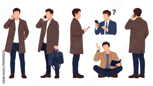 Collection of poses featuring a man in a brown coat using his phone, reading a book, and carrying a bag in various positions.