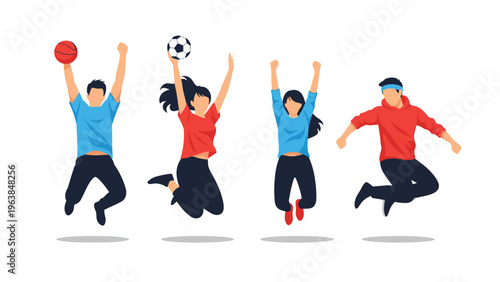 Set of four active young people jumping with joy and excitement while some are holding a basketball and a classic soccer ball.