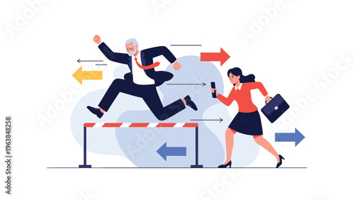 Determined older businessman jumping over a hurdle while a younger female colleague runs next to him with a briefcase in hand.