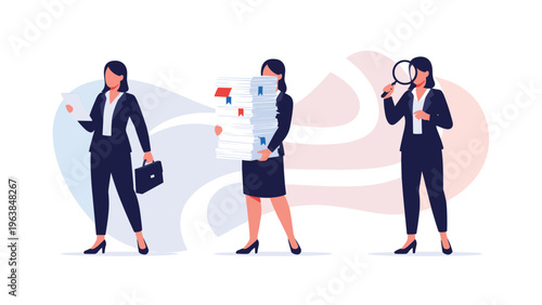 Three different poses of a businesswoman character holding a folder, carrying a stack of paperwork, and using a magnifying glass.