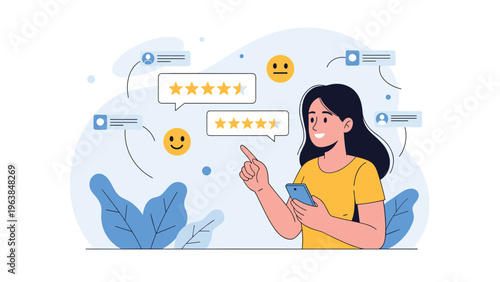 Happy young woman holding a smartphone and pointing at floating five star rating speech bubbles and various colorful emoji icons.