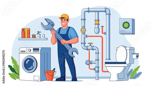 Skilled plumber wearing a hard hat and overalls holding a large pipe wrench in a bathroom next to a toilet and washing machine.