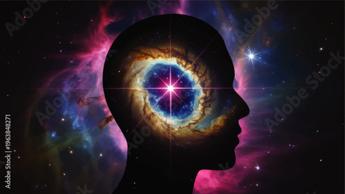 Cosmic human mind silhouette with glowing nebula eye and starburst, spiritual consciousness, galaxy background, visionary AI concept art