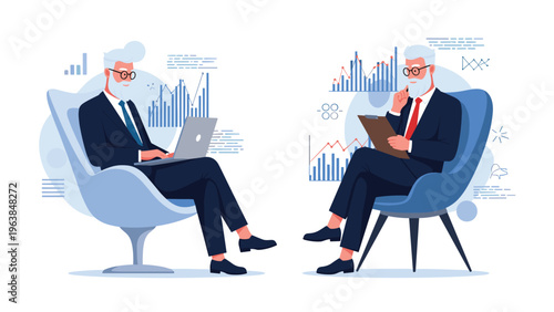 Two professional senior businessmen sitting in modern chairs working on a laptop and taking notes while reviewing data charts.