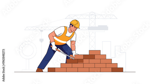 Construction worker wearing a safety vest and hard hat using a trowel to lay bricks for a wall at a busy building project site.