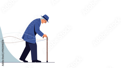 Side view of an elderly man wearing a hat and suit walking slowly while leaning on a wooden cane against a white background.