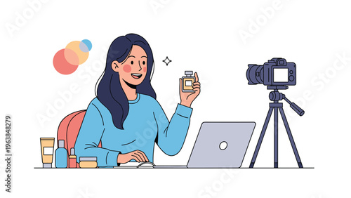 Young female influencer recording a beauty product review video for her blog using a professional camera on a tripod and laptop.