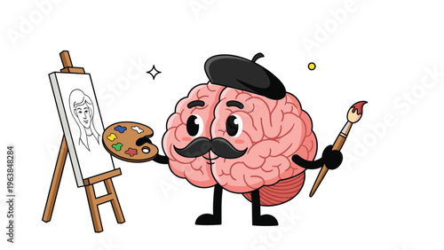 Funny brain character wearing a beret and mustache acting as an artist painting a portrait on an easel with a brush and palette.