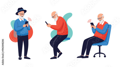 Three stages of an elderly man with a white beard using a smartphone while standing, sitting on a stool, and sitting in a chair.