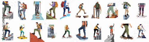 A diverse collection of flat style illustrations showing people hiking, mountain climbing, and trekking with gear across various terrains and outdoor environments.