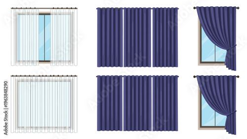 Comprehensive set of six window curtain designs including white sheer panels and dark blue drapes in different arrangements.