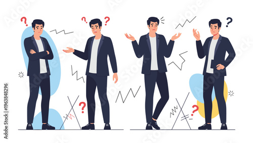 Set of four poses showing a frustrated young man in a suit looking confused and shrugging his shoulders with question marks.