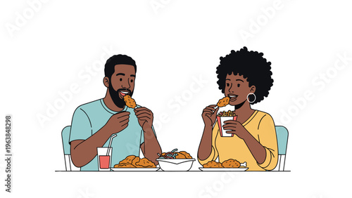 Happy Black couple sitting at a table together enjoying a meal of fried chicken, french fries, and drinks in a flat illustration.