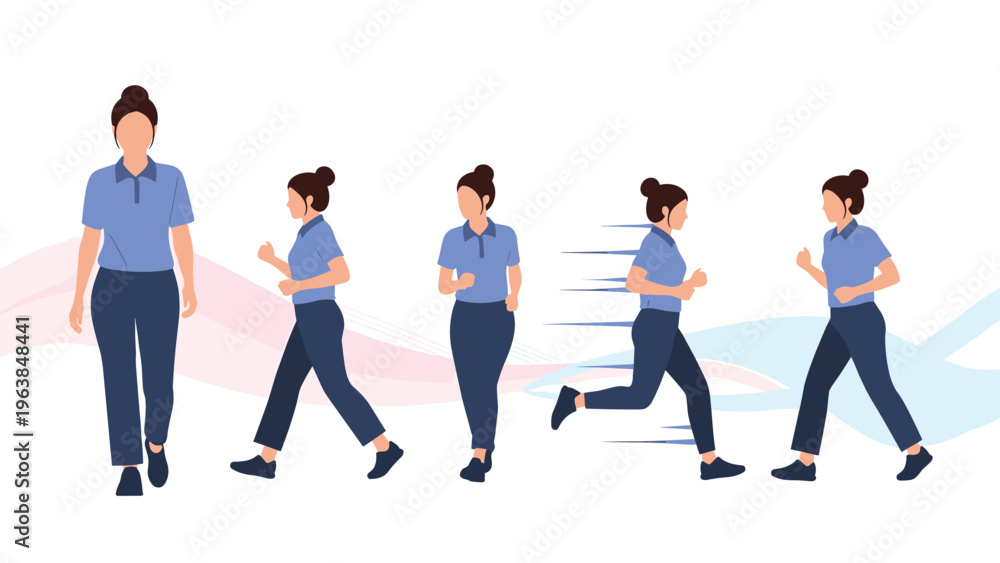 Obraz premium Sequential illustration depicts a woman's movement progression starting from a slow walk and accelerating into a fast athletic run.
