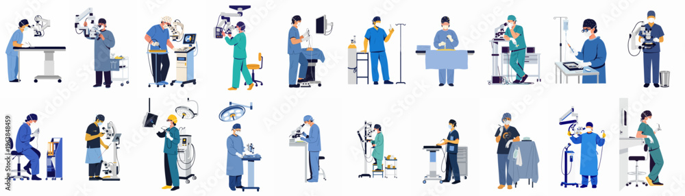 Εκτύπωση καμβά A comprehensive set of flat vector illustrations showing surgeons and medical staff using advanced technology, microscopes, and surgical equipment in modern healthcare