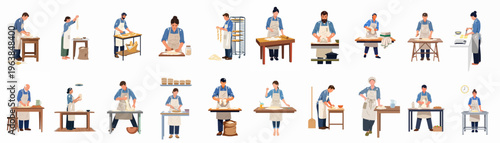 Set of Flat Vector Illustrations Showing Various Bakers and Cooks Kneading, Rolling, and Preparing Bread Dough in a Professional Kitchen Environment