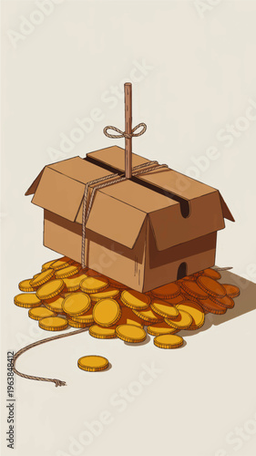 Cartoon money trap with rope, cardboard box and pile of gold coins on beige background, financial risk and investment scam concept illustration