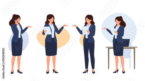 Set of professional businesswoman characters demonstrates various work activities like talking on a phone and presenting documents.