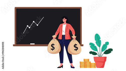 Successful businesswoman proudly holds two large sacks of money in front of a chalkboard displaying a rising financial growth graph.