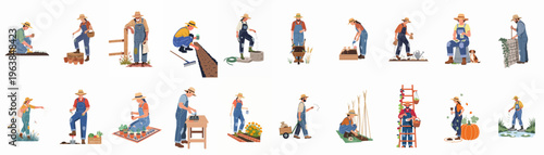 Collection of Flat Vector Illustrations Featuring People Engaged in Various Gardening and Farming Activities, Including Planting, Sowing, and Harvesting