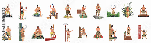 Collection of Maori warriors and indigenous people illustrations showcasing traditional New Zealand culture, tattoos, clothing, and heritage in various poses and settings.