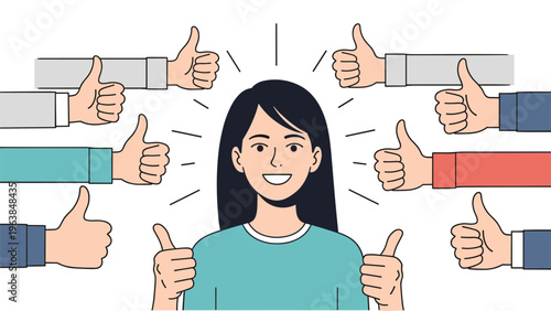Happy and confident woman smiles brightly while being surrounded by many hands giving a thumbs up gesture for positive feedback.