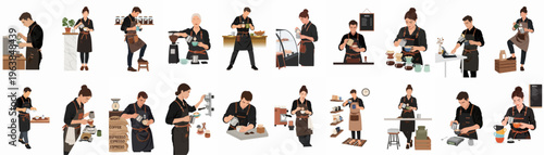 Set of professional male and female baristas in aprons preparing coffee, making latte art, and working in a cafe environment, flat vector illustrations.