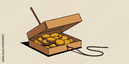Open cardboard box filled with shiny gold coins and rope on beige background, wealth savings investment concept illustration