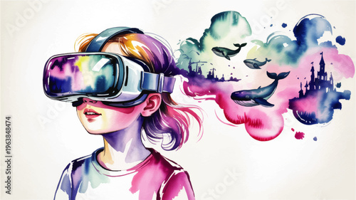 Child in VR headset exploring fantasy whales and castle, colorful watercolor illustration of virtual reality imagination