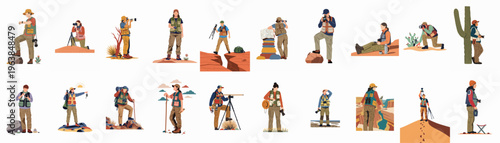 A collection of flat-style illustrations depicting various nature photographers and hikers exploring diverse outdoor landscapes like deserts, mountains, and canyons.