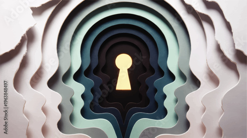 Abstract layered human heads with glowing keyhole, mental health concept, creativity, psychology, problem solving illustration