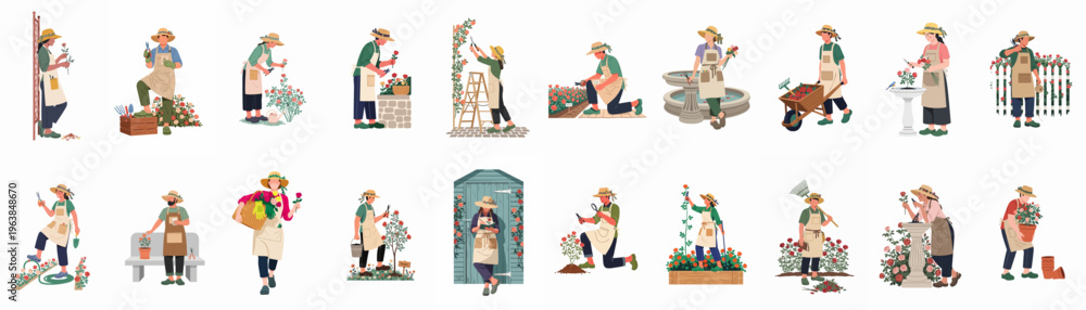 Fototapeta premium Large collection of flat vector illustrations depicting various people gardening, pruning roses, and maintaining flower beds in a garden setting.