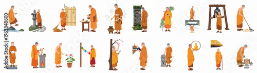 A comprehensive collection of eighteen minimalist illustrations showing Buddhist monks in saffron robes performing various daily spiritual, ritual, and serene monastery activities.
