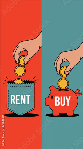 Rent vs Buy comparison concept illustration with hands dropping coins into pocket and piggy bank, financial decision flat design