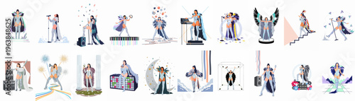 Vector illustration collection featuring a female pop singer in several glamorous stage outfits, wearing silver bodysuits and extravagant feathered capes.