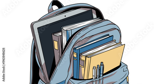 Backpack with books and tablet inside.